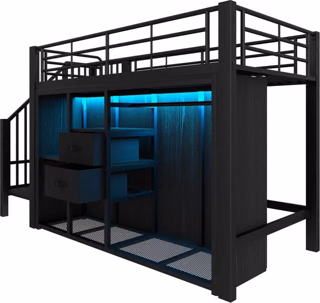 Letto a soppalco Chicfurn nero con 2 cassetti, armadio aperto, 3 vani portaoggetti e illuminazione LED, L/P/H: 200 x 90 x 255 cm