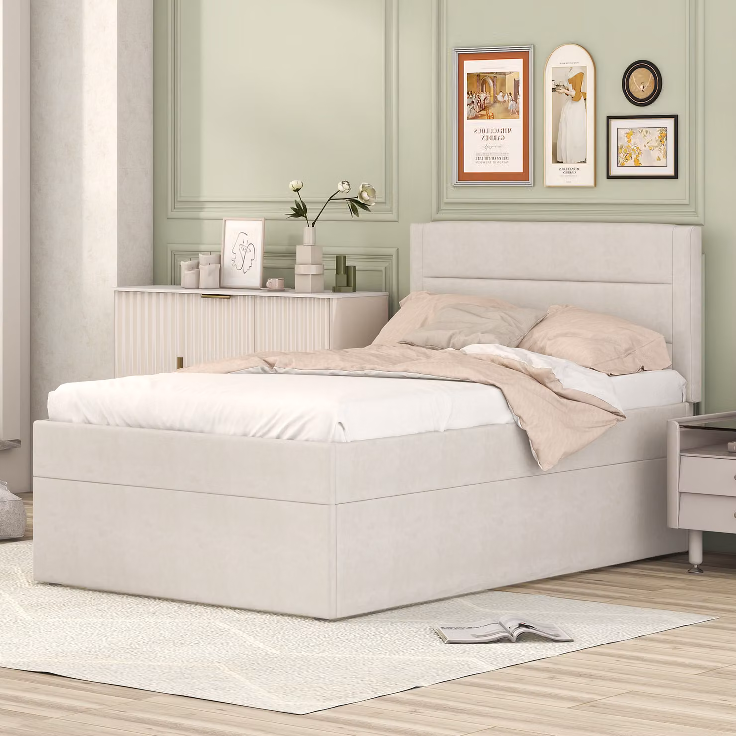 MODFU letto imbottito 90x200 cm, letto singolo per bambini con rete a doghe e contenitore (senza materasso), beige