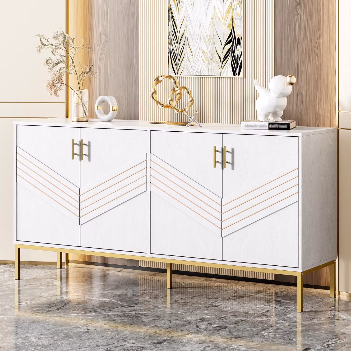 Credenza Merax 160x40x80,5cm, 4 ante con ripiani regolabili in altezza, cassettiera da soggiorno in MDF con gambe in metallo, moderna ed elegante, oro bianco