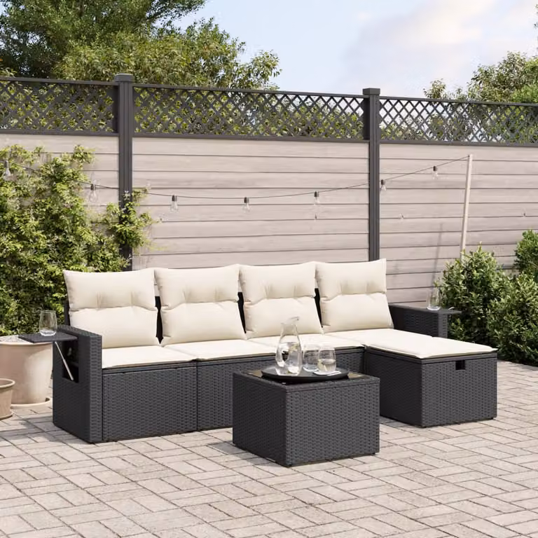 Set Divano da Giardino 6 pz vidaXL con Cuscini, Tavolino e Poltroncine, Design Moderno a L, Nero e Bianco