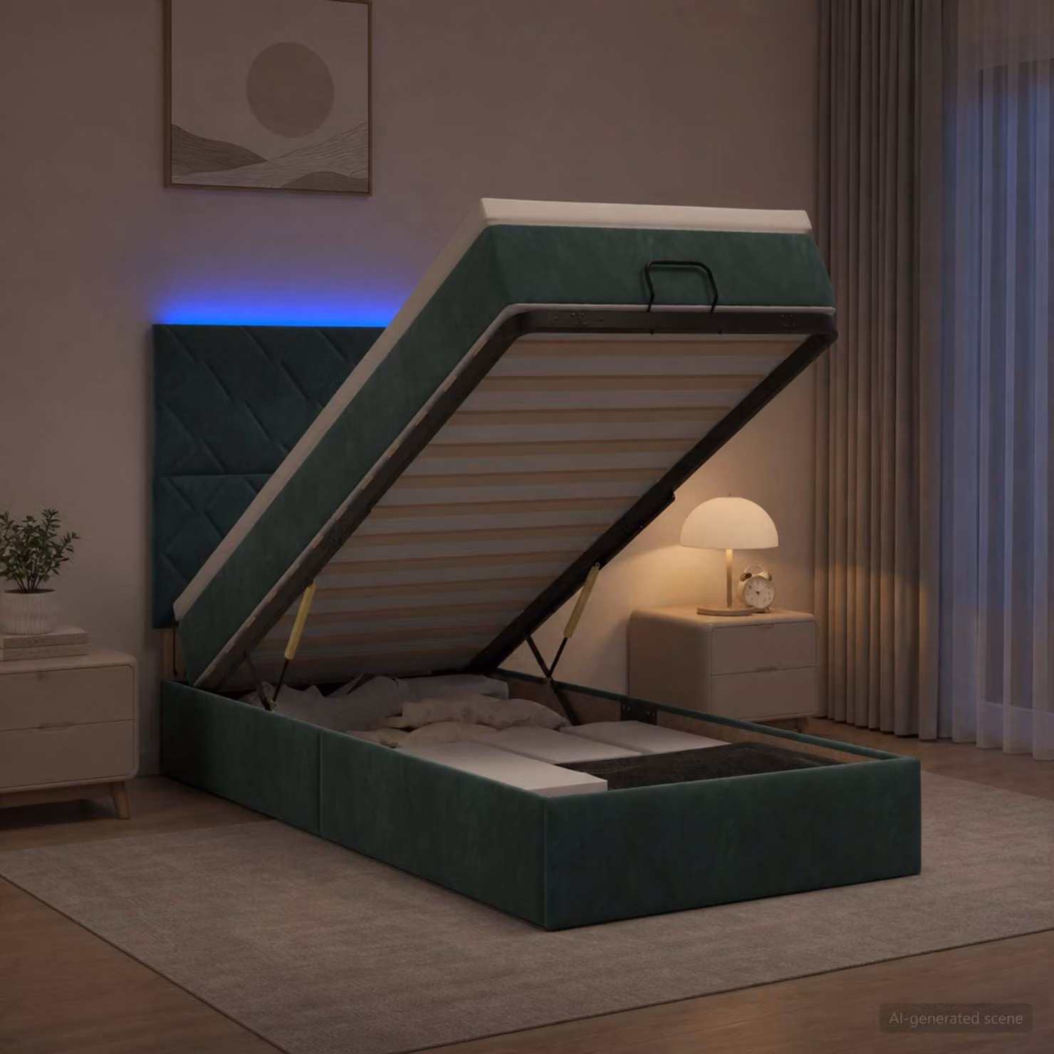 Letto Ottomano vidaXL con Materasso Ibrido e Illuminazione LED sotto il letto, Rivestimento in Velluto Verde Scuro, L/P/H: 200 x 100 x 88 cm