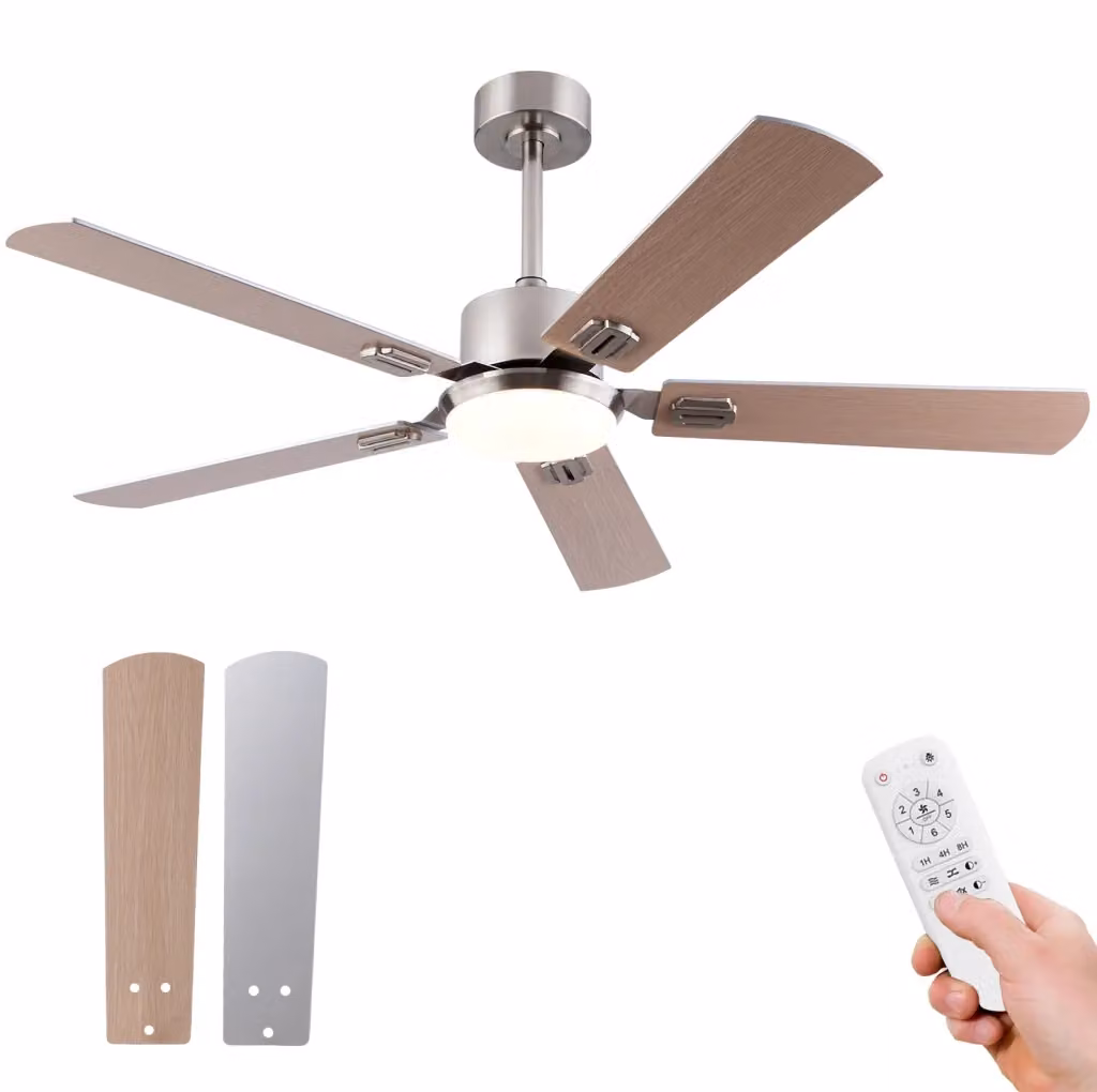 Ventilatore da soffitto con luce dimmerabile e telecomando in metallo e legno, colore argento – 2