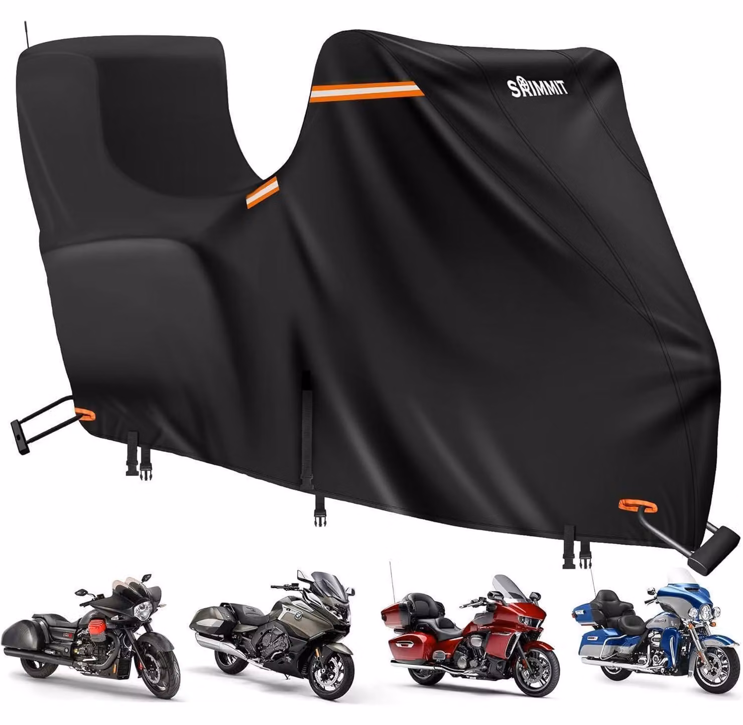 Copertura protettiva Oxford 420D per moto, adatta per modelli touring, con tasche laterali e superiore, resistente ai raggi UV, alla pioggia e alla polvere, colore nero, dimensioni 300x111x142 cm