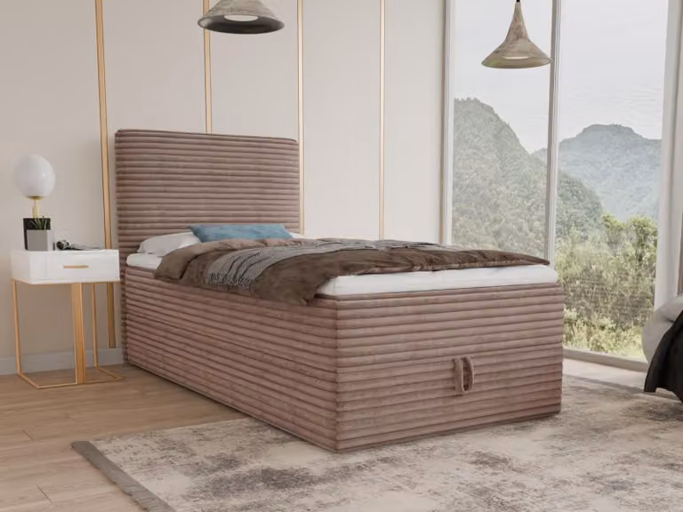 Letto boxspring Mollo Mini con contenitore e coprimaterasso - Letto singolo con materasso Bonell e coprimaterasso, letto imbottito in morbido velluto a coste, letto, camera da letto (marrone (Tilia 17), 90 x 200 cm)