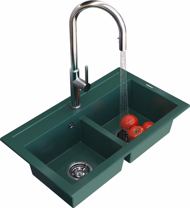 Granitan - Lavello in granito - Lavello da cucina - 2 vasche - 75x45 cm - Verde - con rubinetteria PRATI e sifone - DUET