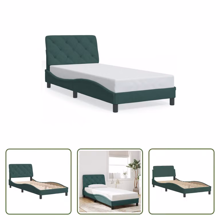 The Living Store Struttura letto con testiera in velluto verde scuro 80x200 cm