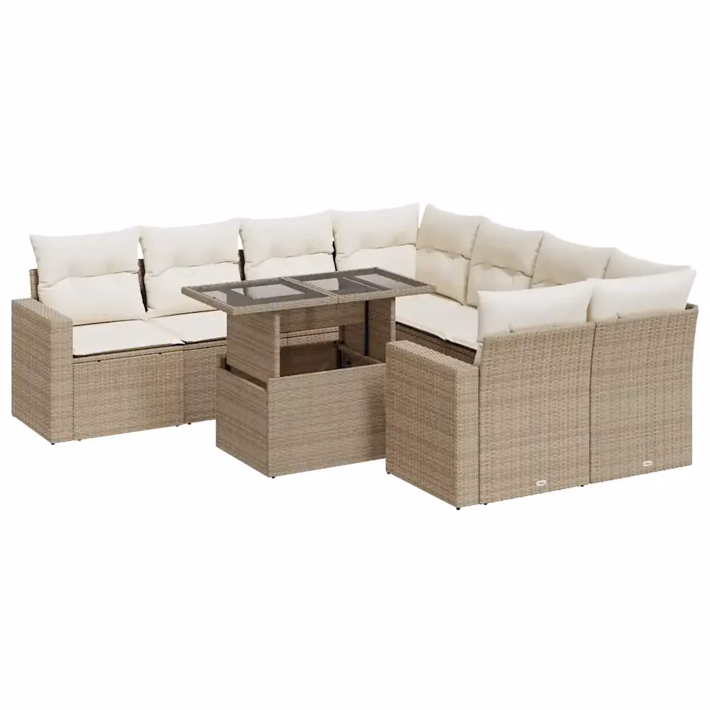 Set Divano da Giardino 9 pz vidaXL con Cuscini Beige e Tavolino in Vetro – 2