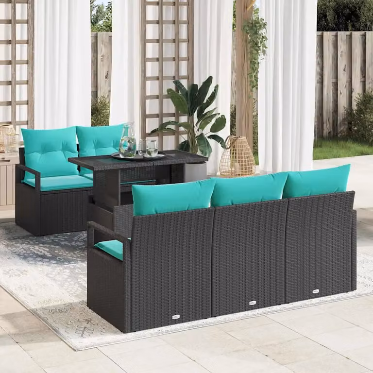 Set Divano da Giardino vidaXL a Forma di L con 6 Pezzi, Colore Nero e Blu, Struttura in Acciaio Verniciato a Polvere e Cuscini Inclusi