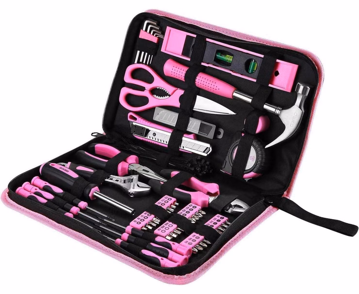 Set di 110 utensili per la casa, con borsa per il trasporto, colore rosa