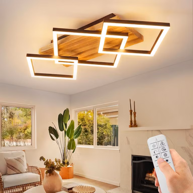 ZMH Lampada da soffitto a LED, 57 cm, in legno, per soggiorno, con dimmer, 3 luci, ideale per soggiorno, soffitto, 31W, con telecomando, adatta per camera da letto, cucina, corridoio, ufficio