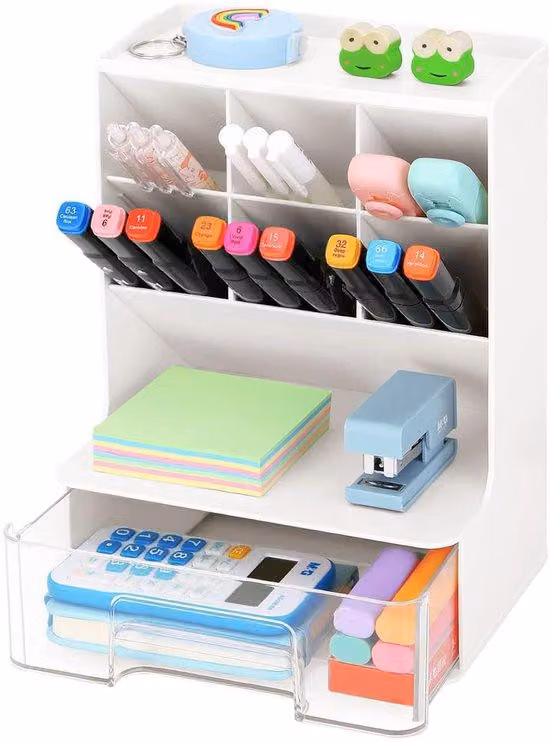 Organizer da ufficio bianco con 6 scomparti e un cassetto