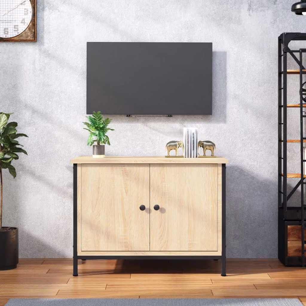 Mobile TV vidaXL con ante in Rovere Sonoma e legno massello di Acacia, colore beige, L 60 cm x P 35 cm x H 45 cm