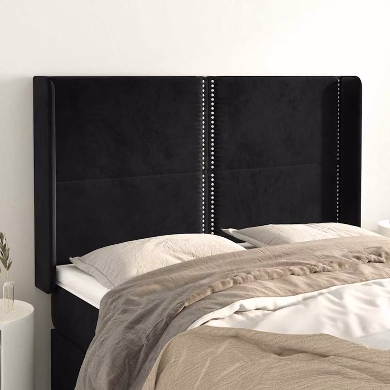 Testiera per letto vidaXL in velluto nero con design ad orecchio, L: 147 cm, P: 16 cm, H: 118-128 cm