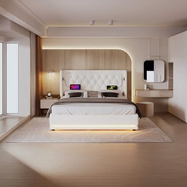 Letto imbottito matrimoniale - Zephmum- 140x200 cm-Bianco- Idraulico, LED, USB-C