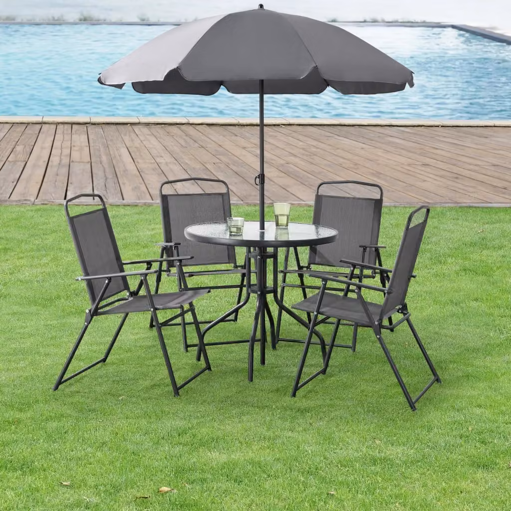 Set da Giardino en.casa con Tavolo Rotondo in Vetro e 4 Sedie Pieghevoli in Alluminio Verniciato a Polvere, Colore Nero e Grigio – 2