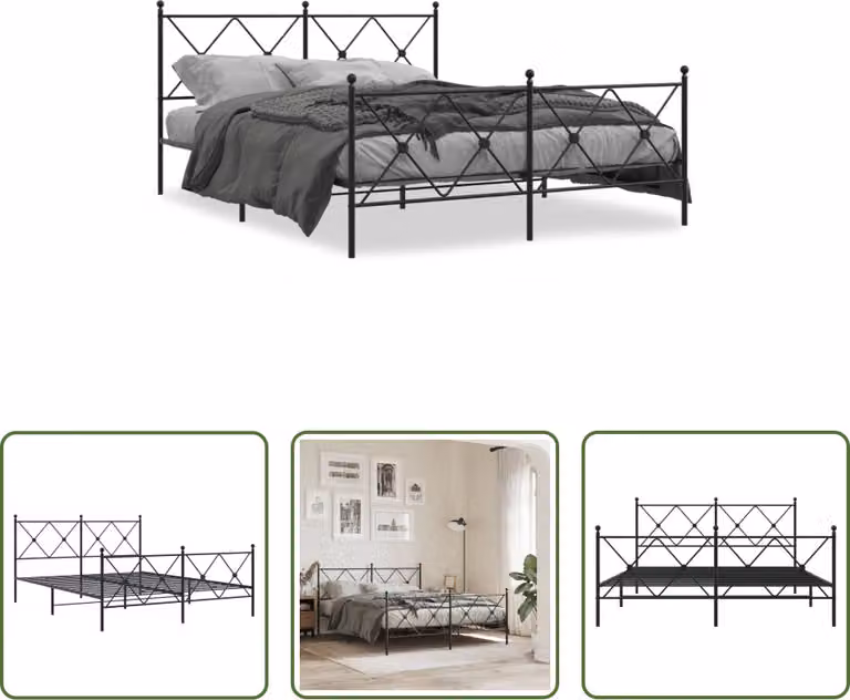The Living Store Struttura letto con testiera e pediera in metallo nero 150x200 cm