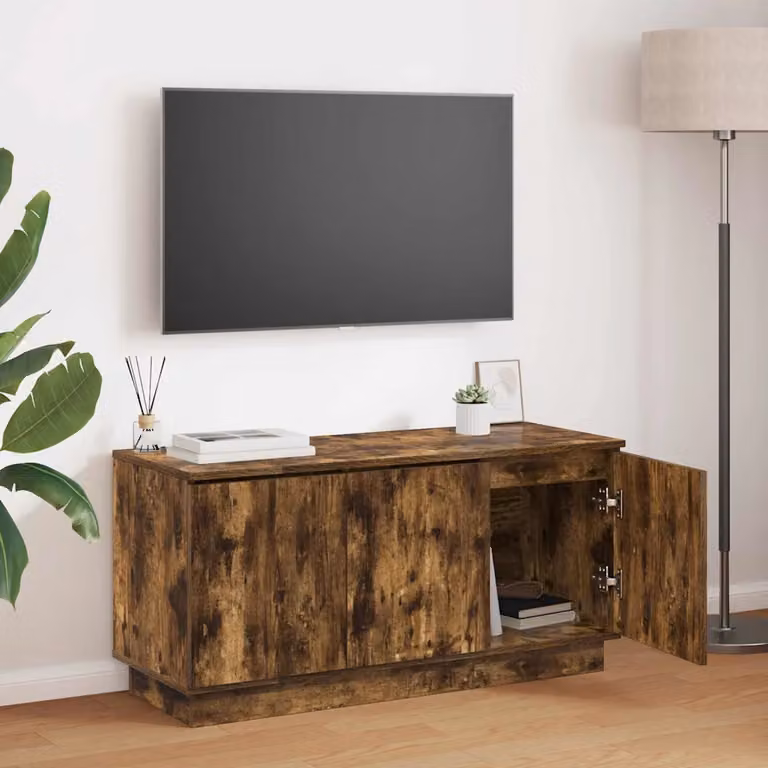 Mobile TV vidaXL in legno ingegnerizzato rovere fumé con illuminazione integrata e scomparti multimediali L/P/H: 100 x 38 x 49 cm