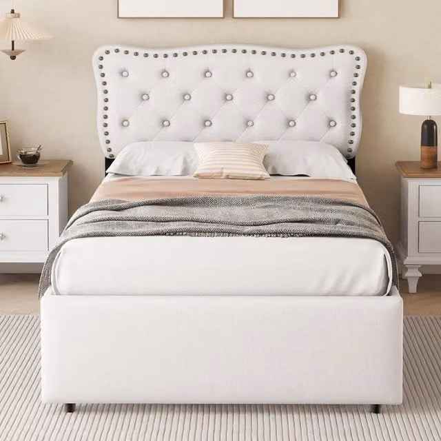 Letto Mivray con cassetti imbottito e testiera regolabile in tessuto beige e bianco L/P/H: 90 x 200 x 203 cm