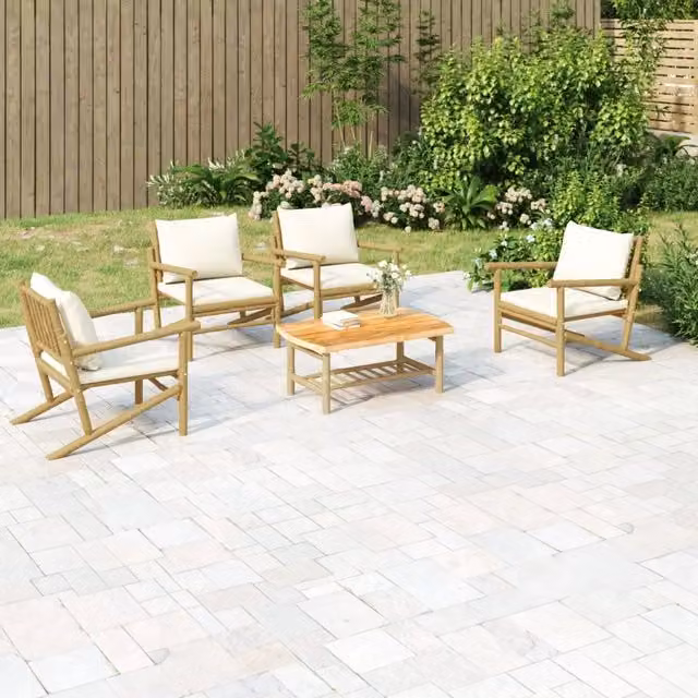 Set Salotto da Giardino 5pz con Cuscini Bianco Crema in Bambù 3156477
