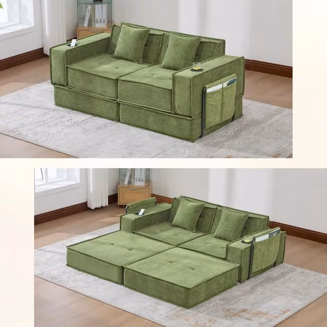 Divano letto 2 sedili convertibili con letto matrimoniale; pouf con portaoggetti e porta tazze; cuscini 2; velluto a coste; Verde
