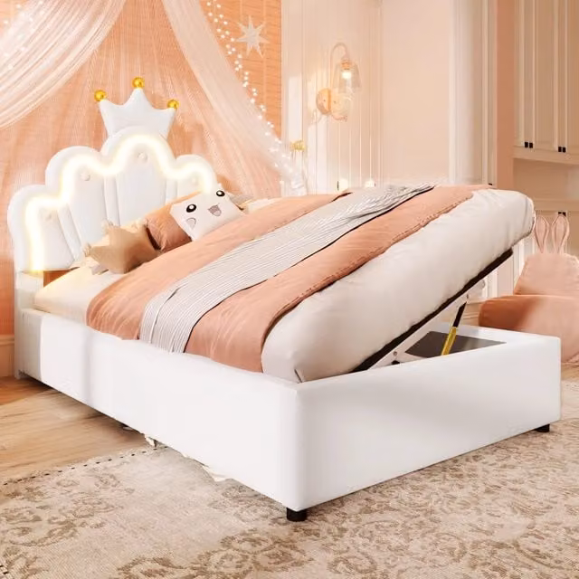 Crown Princess Single Bed 90x200cm con meccanismo idraulico di sollevamento in PU bianco