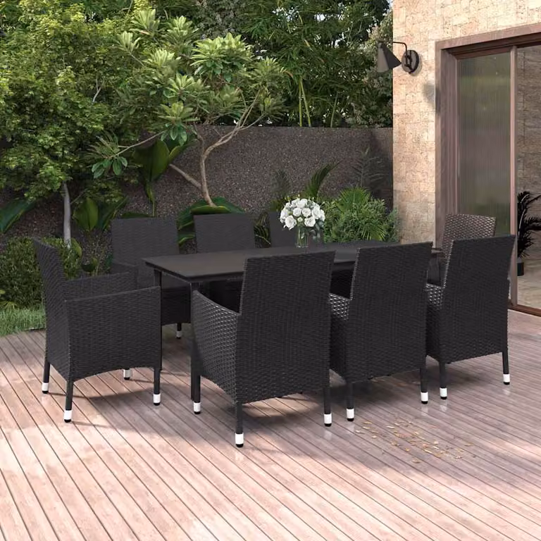 Set da pranzo da giardino vidaXL in polyrattan e vetro nero con 9 pezzi e cuscini