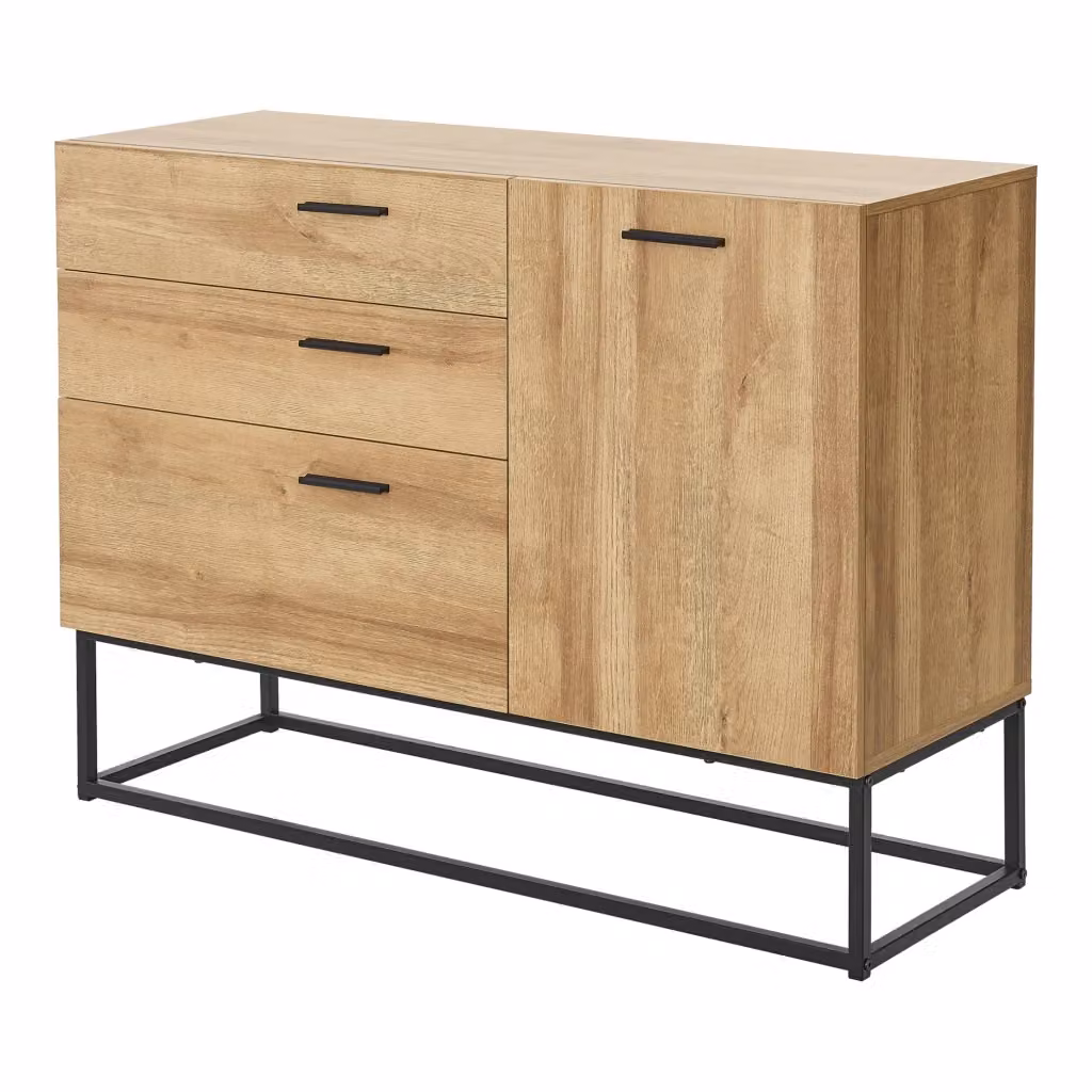 Comò Lavangen en.casa con anta e 3 cassetti, Nero / Effetto Rovere, L: 100 cm, H: 75 cm, P: 35 cm – 2