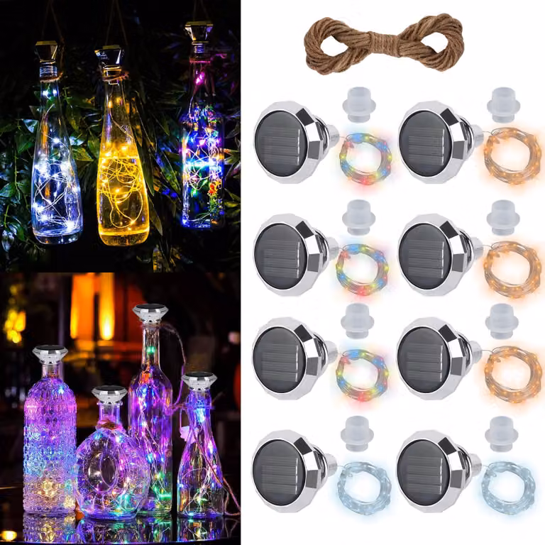 Catena di luci solari, 8 pezzi, 20 LED, 2 metri, luci a forma di bottiglia