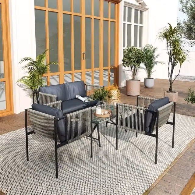 Set mobili da balcone 4 pezzi con divano a 2 posti; tavolino con vetro temperato; grigio