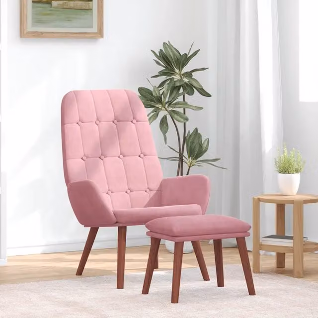Poltrona Relax con Poggiapiedi in Velluto Rosa e Struttura in Legno e Metallo