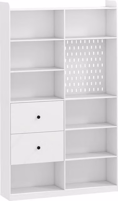 Libreria Doppia HOMCOM a 6 Livelli con Cassetti e Pannello Forato, Bianco, L: 120 cm, P: 30 cm, H: 200 cm – 1