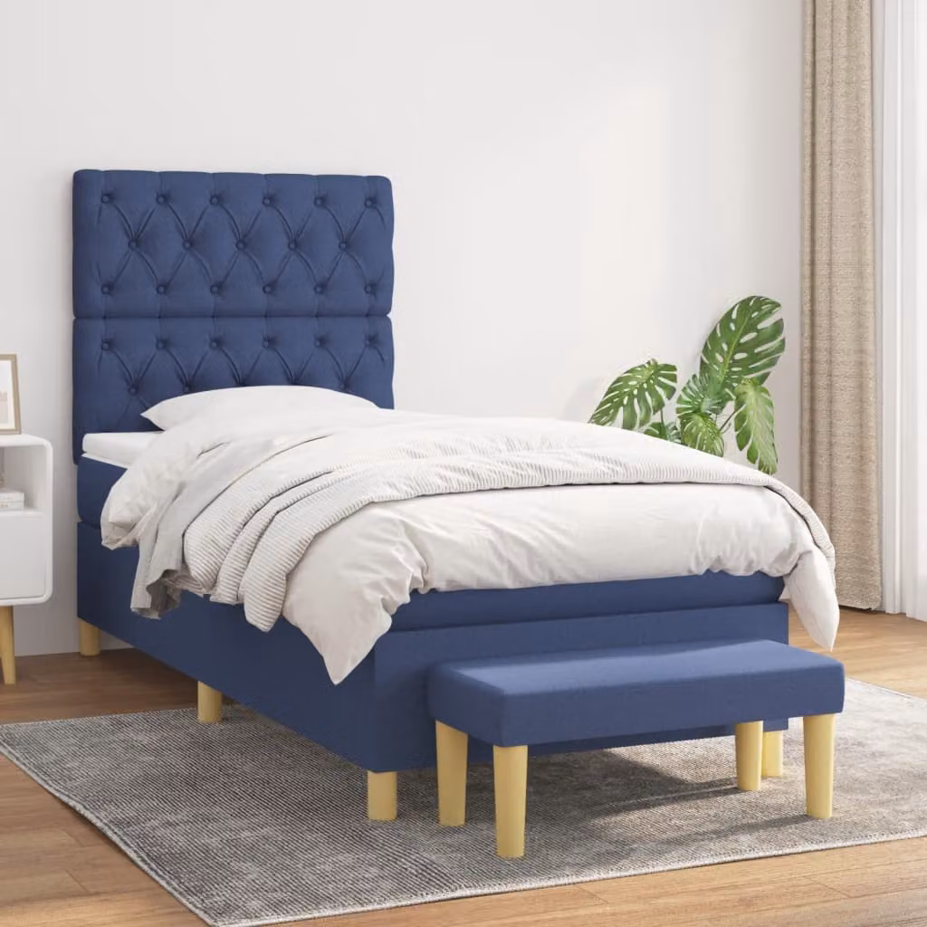 vidaXL Giroletto a Molle Ibrido con Materasso in Tessuto Blu e Bianco L/P/H: 200 x 80 x 128 cm – 1