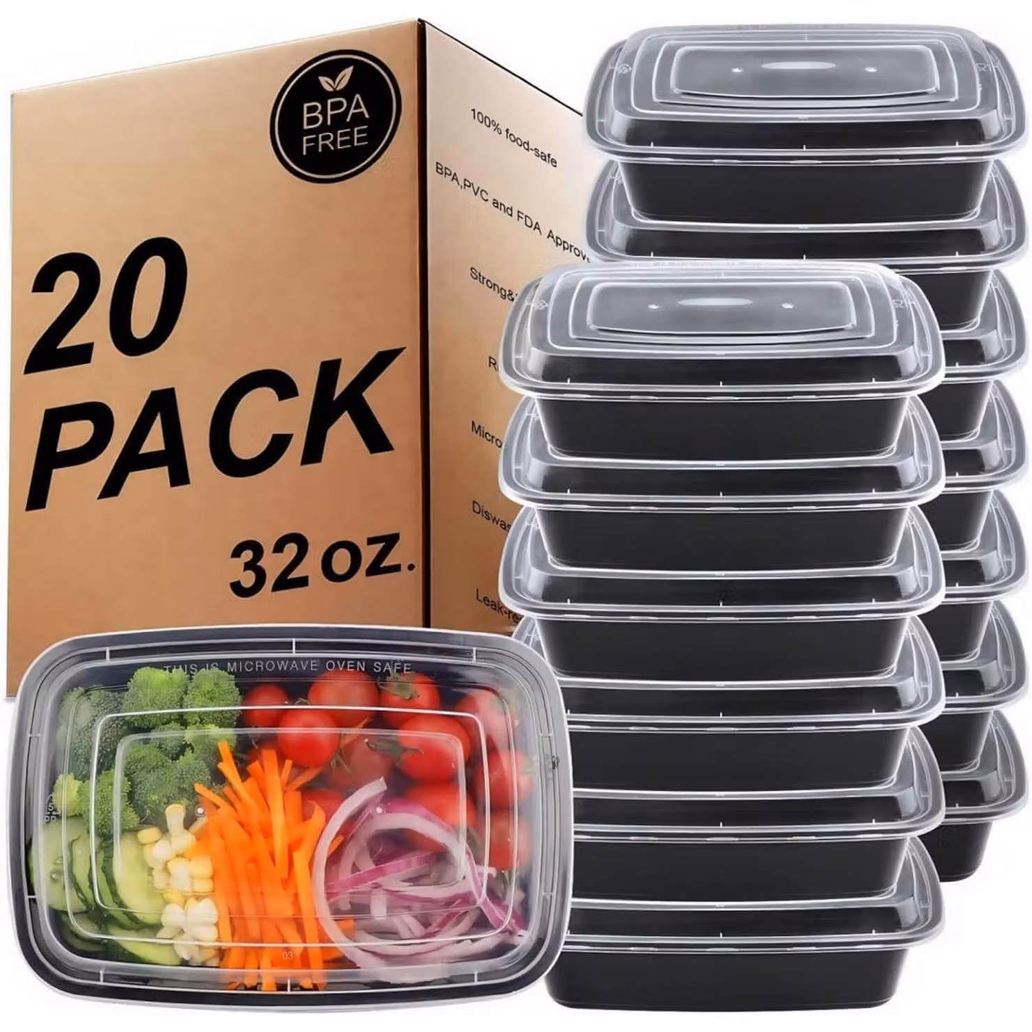 Contenitore per la preparazione dei pasti, con scomparti, ermetico, senza BPA, riutilizzabile, confezione da 20, capacità 32 once