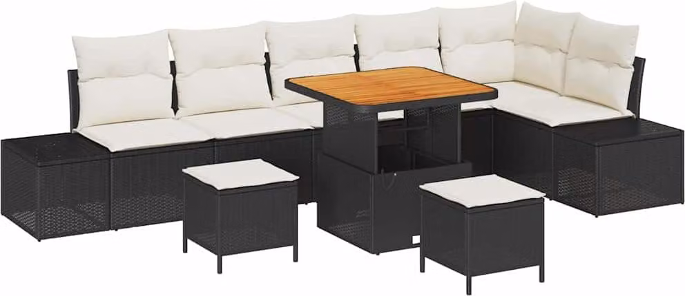Set Divano da Giardino con cuscino 9 pcs Nero polyrattan