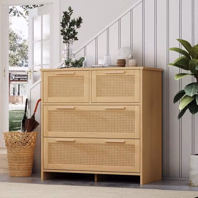Comò REDOM con 4 cassetti in rattan naturale e legno massello, colore beige, L 80 cm x P 38 cm x H 80 cm