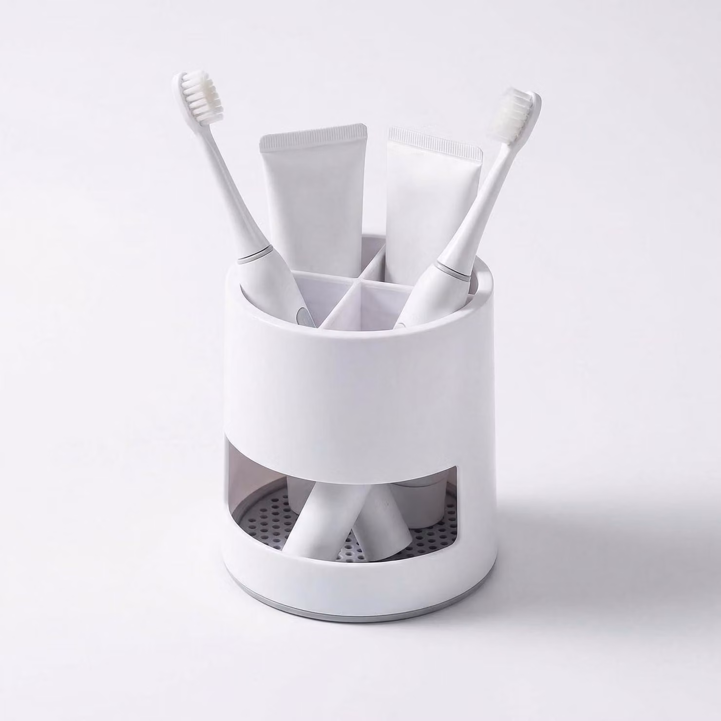 Porta spazzolini da denti, organizer da pavimento per bagno, lavabo, in plastica, con 4 scomparti, colore bianco