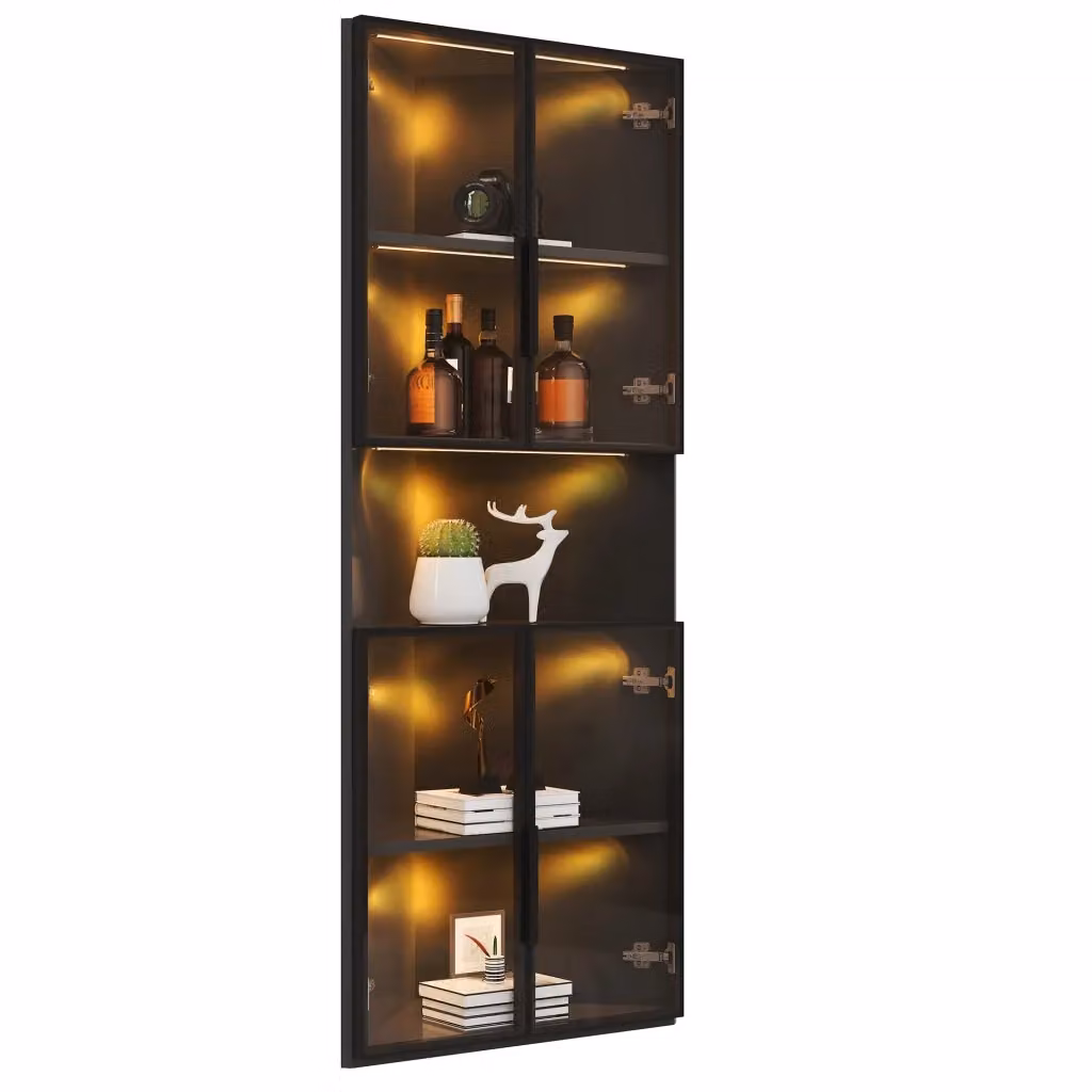 Vetrina angolare Chicfurn nera con 2 ante in vetro, ripiani con illuminazione LED e vano aperto in MDF per soggiorno, L: 62 cm, P: 32 cm, H: 160 cm – 2