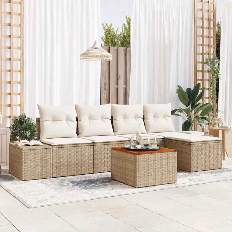 Set Divano da Giardino a L vidaXL in Polyrattan Beige con Cuscini e Ottoman 6 Pezzi