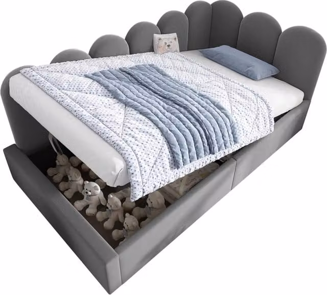 Letto singolo con contenitore e testiera imbottita in velluto grigio, rete sollevabile, L/P/H: 90 x 200 cm – 1
