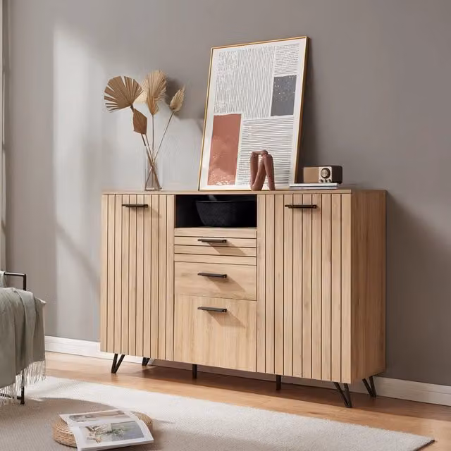 Credenza Noppen en.casa con cassetti e ante, effetto rovere, L: 150 cm, H: 100 cm, P: 38 cm