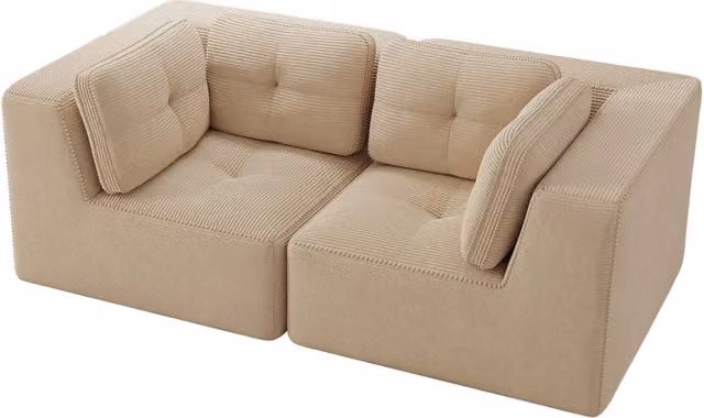 Divano angolare modulare in velluto beige, due posti senza struttura