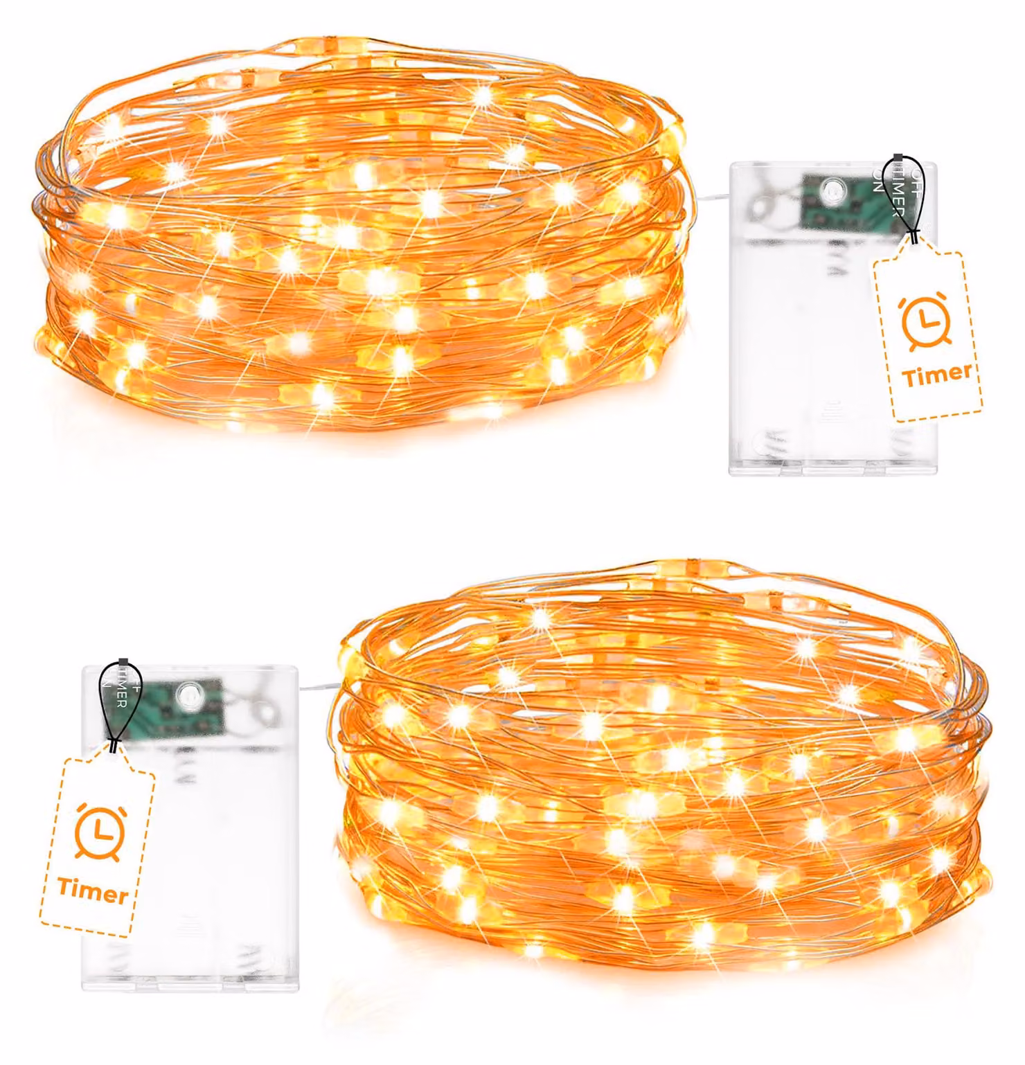Catena luminosa a LED, 2 metri, 20 micro-LED, con timer, grado di protezione IP65, colore arancione