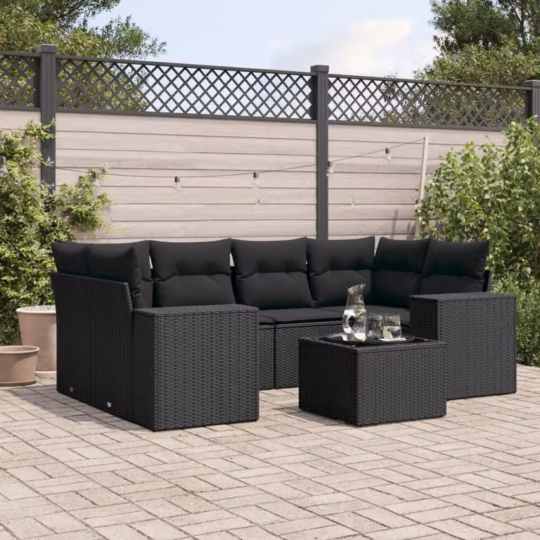 Set Divani da Giardino a L vidaXL in Polyrattan Nero con 7 Cuscini e Tavolino da Esterno