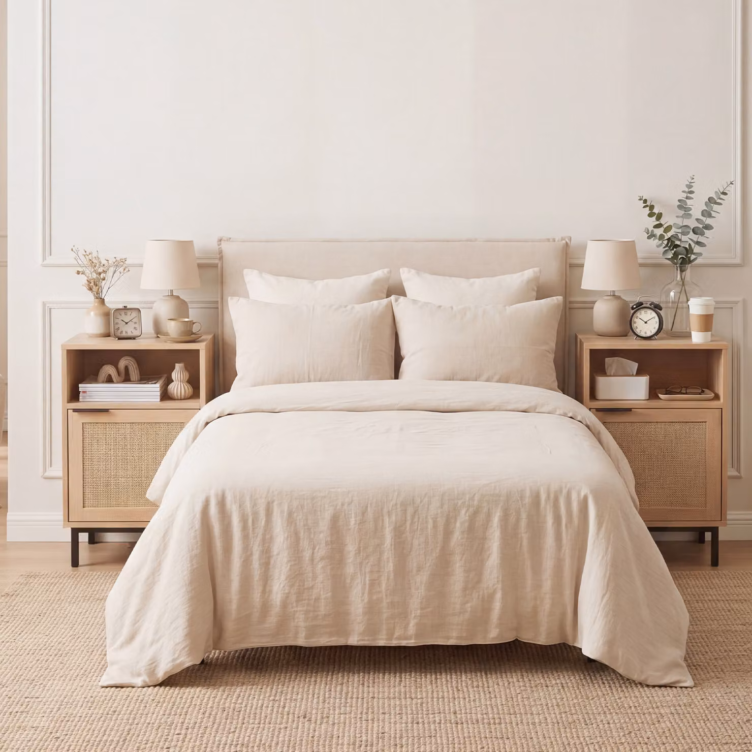 Set di 2 comodini moderni Costway in legno con anta in rattan, colore marrone e beige, ideali per soggiorno e camera da letto