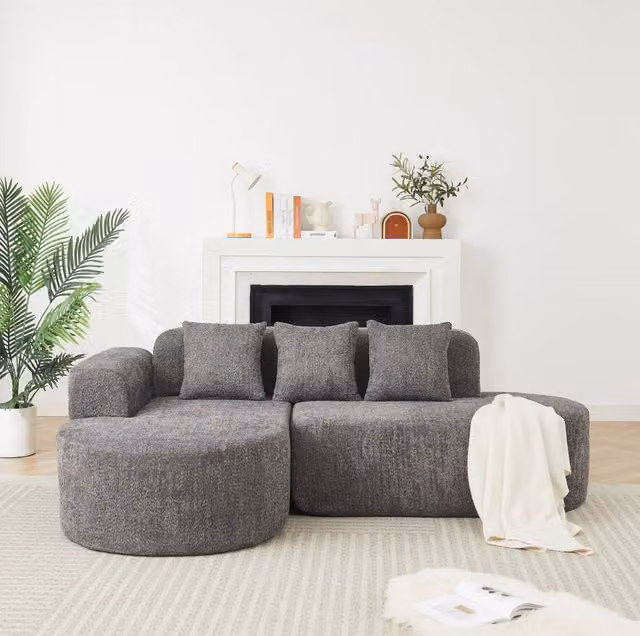 Divano Angolare a L in Chenille con Chaise Longue Sinistra e 3 Cuscini Schienale; Grigio Antracite; per Soggiorno
