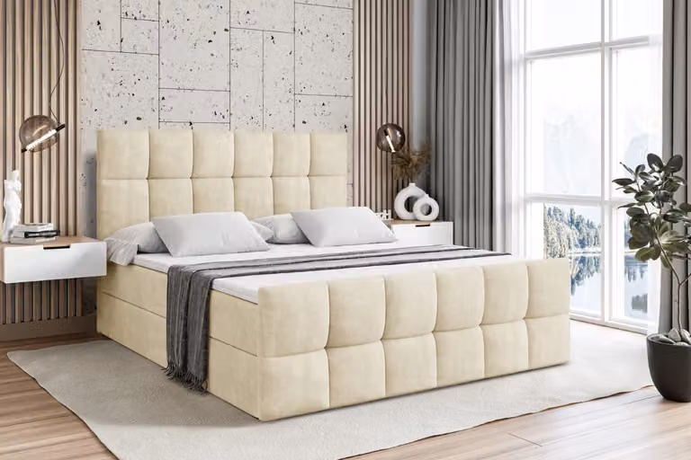 Letto boxspring ALTDECOR con pediera, materasso H3 e topper - 160x200 cm - RICAR-Z - Beige Monolith - Letto imbottito con contenitore e rete a doghe, letto con spazio contenitivo