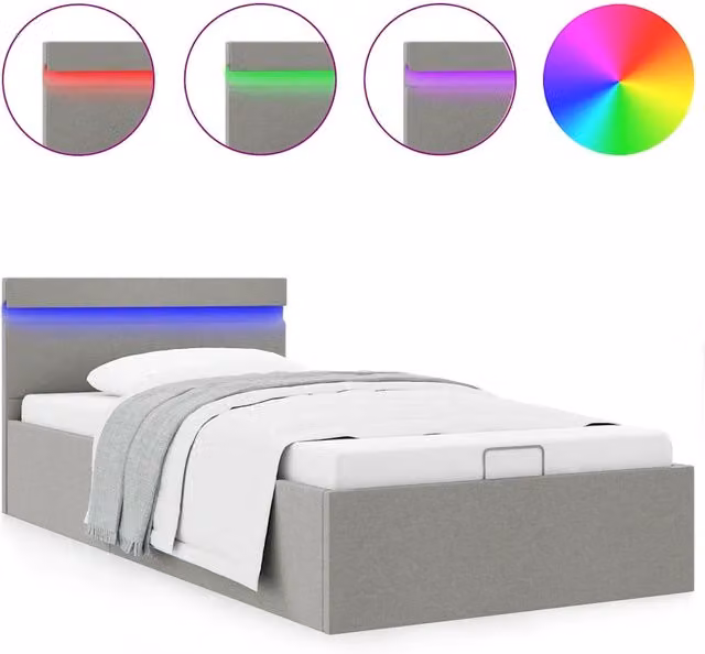 Letto singolo | Letto per adulti | Giroletto con Contenitore e LED Grigio Chiaro Tessuto 100x200cm