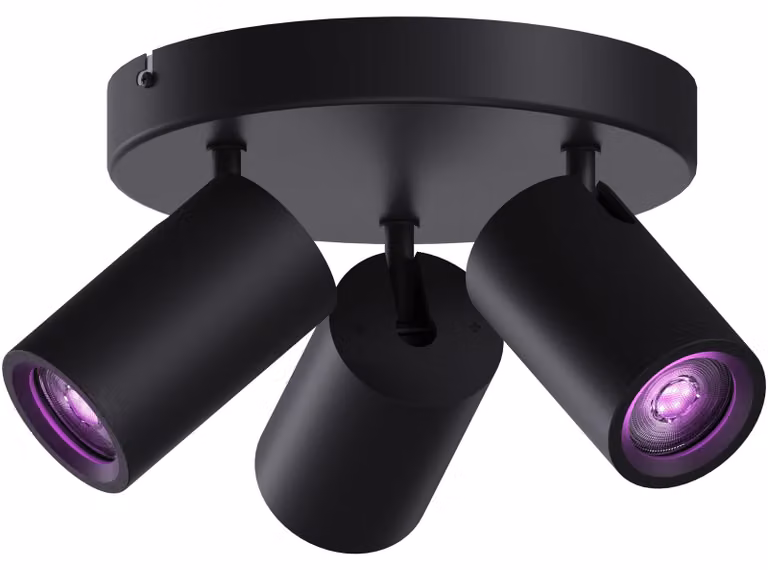 Plafoniera LED RGB intelligente Calex, rotonda, con 3 faretti, Wi-Fi, Bluetooth, 4,9W, 345 lm, dimmerabile, luce bianca e colorata (2200-4000K), 21cm, Nero Opaco, Classe energetica G