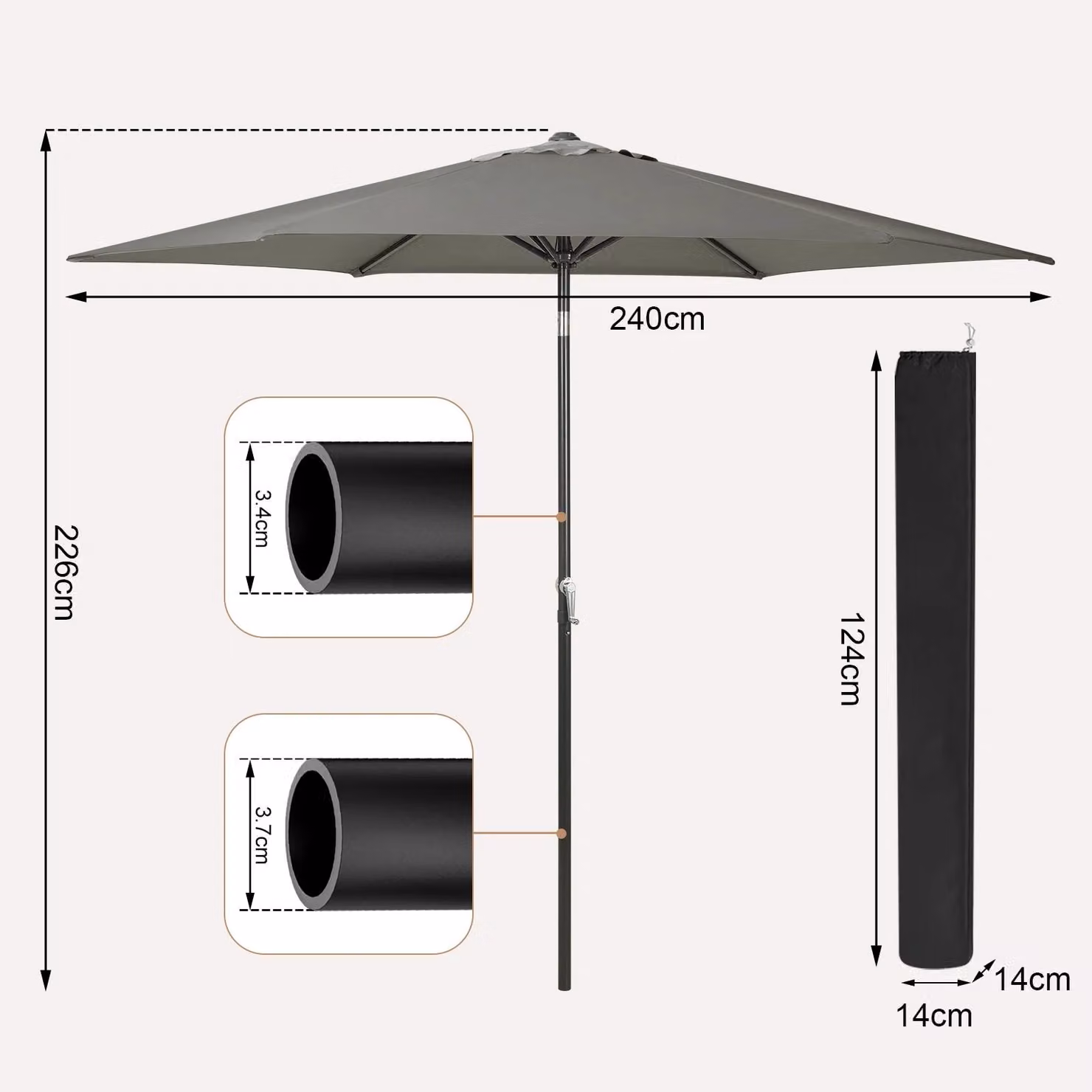 Ombrellone esagonale - Ombrellone da giardino - 240 cm - Grigio scuro - Resistente ai raggi UV - Impermeabile - Con manovella - Inclinabile fino a 45°