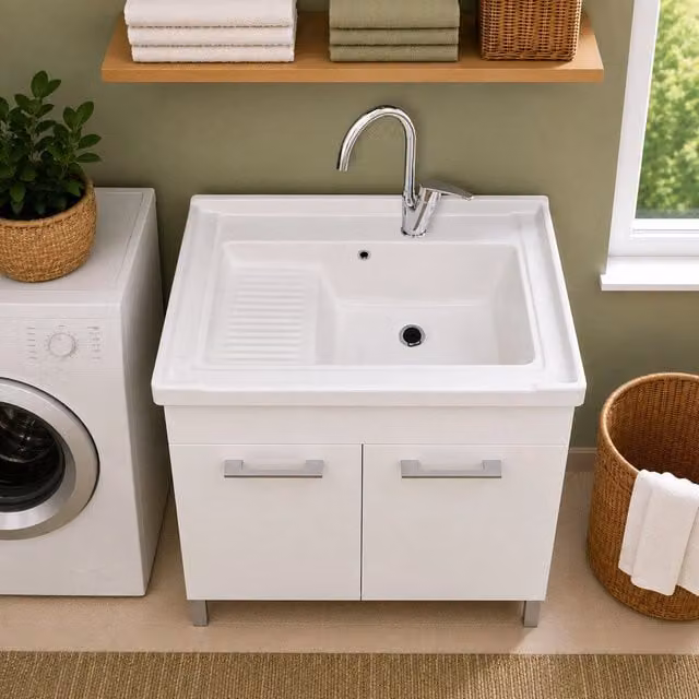 Mobile lavatoio INBAGNO bianco con vasca in ceramica e ante a battente L: 80 cm, P: 50 cm, H: 79 cm